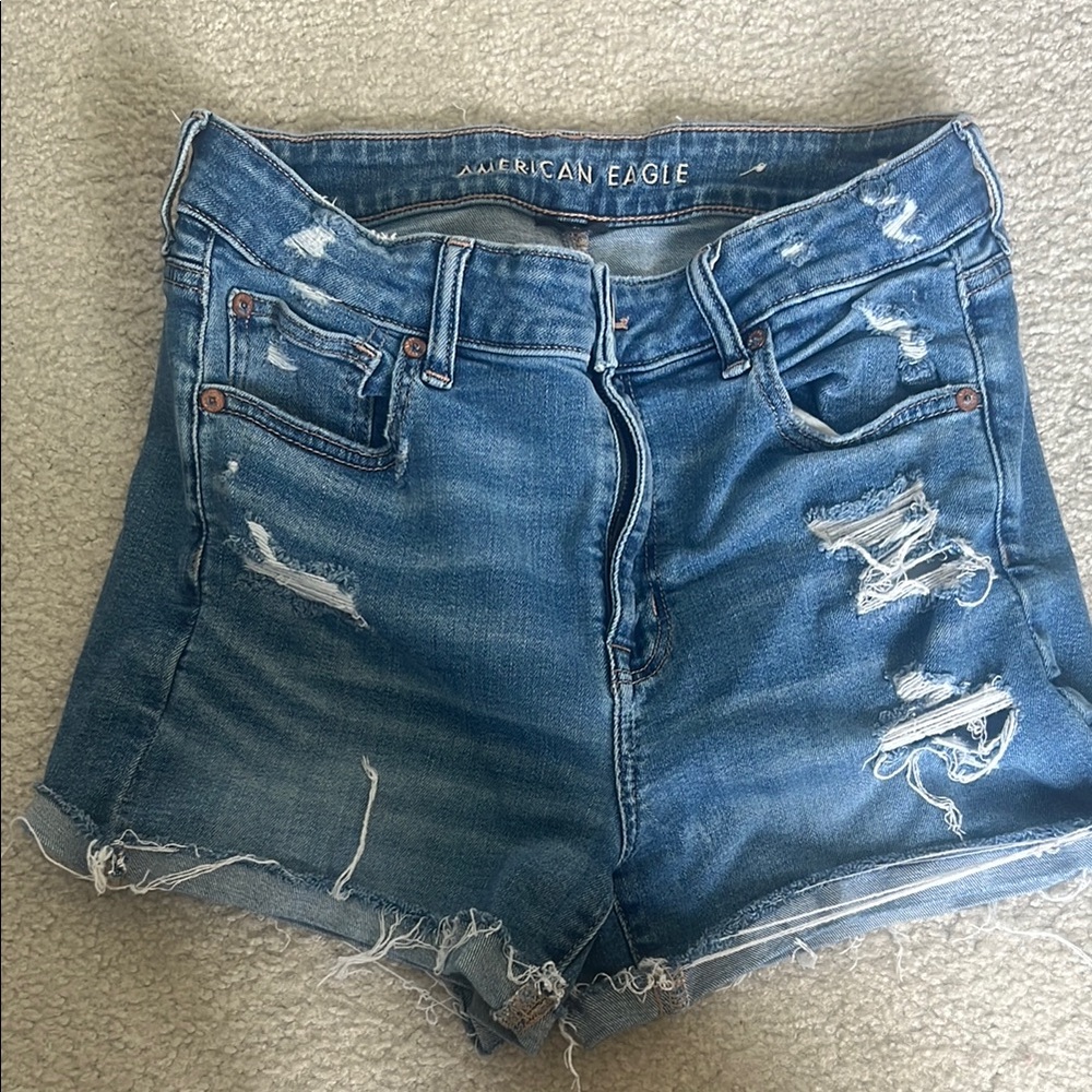 American Eagle Outfitters Blue Distressed Denim Shorts Super Stretch